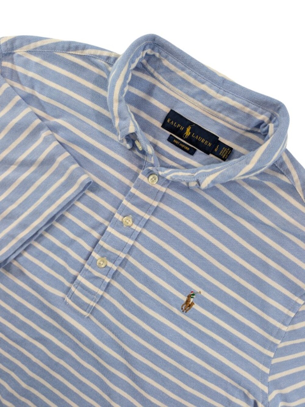 Ralph Lauren Knit Oxford Polo Blue White Striped Shirt Size L Classic Preppy